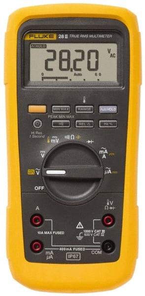 Fluke - 28-II, CAT IV, CAT III, 1,000 VAC/VDC, Digital True RMS Auto Ranging Manual Ranging Multimeter - 50 mOhm, Measures Voltage, Capacitance, Current, Frequency, Resistance, Temperature - Strong Tooling