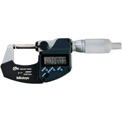 Mitutoyo - 0 to 1" Range, 0.00005" Resolution, Standard Throat IP65 Electronic Outside Micrometer - 0.00005" Accuracy, Ratchet Stop Thimble, Carbide-Tipped Face, SR44 Battery - Strong Tooling