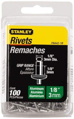 Stanley - Button Head Aluminum Color Coded Blind Rivet - Aluminum Mandrel, 0.062" to 1/8" Grip, 1/4" Head Diam, 0.125" to 0.133" Hole Diam, 0.275" Length Under Head, 1/8" Body Diam - Strong Tooling