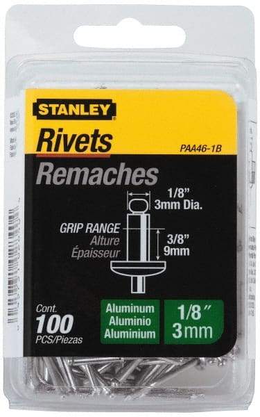 Stanley - Aluminum Color Coded Blind Rivet - Aluminum Mandrel, 0.313" to 3/8" Grip, 1/4" Head Diam, 0.125" to 0.133" Hole Diam, 0.525" Length Under Head, 1/8" Body Diam - Strong Tooling