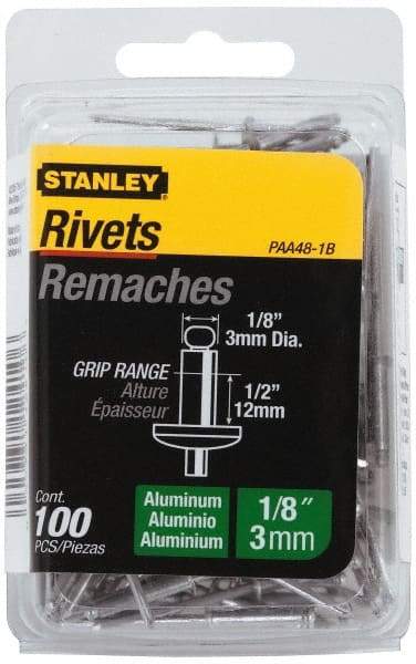 Stanley - Aluminum Color Coded Blind Rivet - Aluminum Mandrel, 3/8" to 1/2" Grip, 1/4" Head Diam, 0.125" to 0.133" Hole Diam, 0.65" Length Under Head, 1/8" Body Diam - Strong Tooling