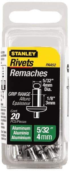 Stanley - Aluminum Color Coded Blind Rivet - Aluminum Mandrel, 0.031" to 1/8" Grip, 5/16" Head Diam, 0.156" to 0.164" Hole Diam, 0.3" Length Under Head, 5/32" Body Diam - Strong Tooling