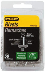 Stanley - Aluminum Color Coded Blind Rivet - Aluminum Mandrel, 0.188" to 1/4" Grip, 5/16" Head Diam, 0.156" to 0.164" Hole Diam, 0.425" Length Under Head, 5/32" Body Diam - Strong Tooling