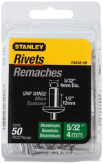 Stanley - Aluminum Color Coded Blind Rivet - Aluminum Mandrel, 3/8" to 1/2" Grip, 5/16" Head Diam, 0.156" to 0.164" Hole Diam, 0.675" Length Under Head, 5/32" Body Diam - Strong Tooling