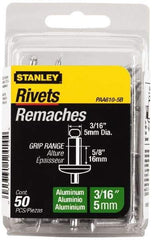 Stanley - Aluminum Color Coded Blind Rivet - Aluminum Mandrel, 1/2" to 5/8" Grip, 3/8" Head Diam, 0.188" to 0.196" Hole Diam, 0.825" Length Under Head, 3/16" Body Diam - Strong Tooling