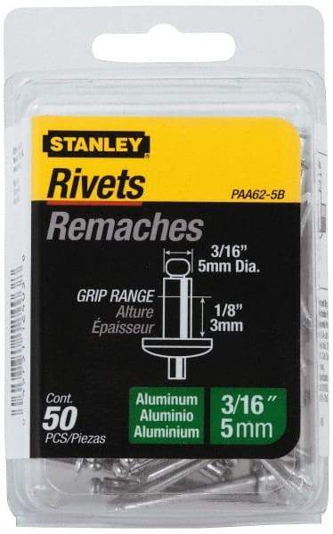 Stanley - Aluminum Color Coded Blind Rivet - Aluminum Mandrel, 0.032" to 1/8" Grip, 3/8" Head Diam, 0.188" to 0.196" Hole Diam, 0.325" Length Under Head, 3/16" Body Diam - Strong Tooling