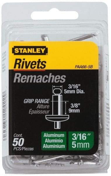 Stanley - Aluminum Color Coded Blind Rivet - Aluminum Mandrel, 0.313" to 3/8" Grip, 3/8" Head Diam, 0.188" to 0.196" Hole Diam, 0.575" Length Under Head, 3/16" Body Diam - Strong Tooling