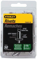 Stanley - Aluminum Color Coded Blind Rivet - Aluminum Mandrel, 3/8" to 1/2" Grip, 3/8" Head Diam, 0.188" to 0.196" Hole Diam, 0.7" Length Under Head, 3/16" Body Diam - Strong Tooling