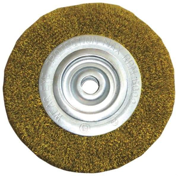 Value Collection - 4" OD, 5/8" Arbor Hole, Crimped Brass Wheel Brush - 1/2" Face Width, 5/8" Trim Length, 0.012" Filament Diam, 6,000 RPM - Strong Tooling