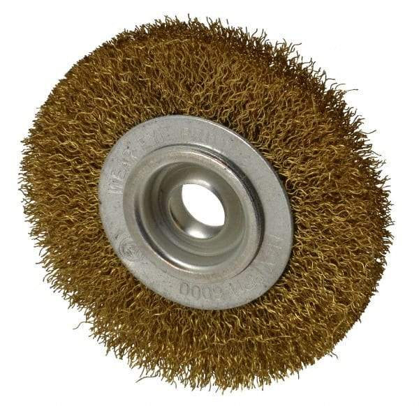 Value Collection - 4" OD, 5/8" Arbor Hole, Crimped Brass Wheel Brush - 1/2" Face Width, 5/8" Trim Length, 0.014" Filament Diam, 6,000 RPM - Strong Tooling