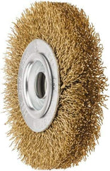 Value Collection - 4" OD, 5/8" Arbor Hole, Crimped Brass Wheel Brush - 1/2" Face Width, 5/8" Trim Length, 0.02" Filament Diam, 6,000 RPM - Strong Tooling