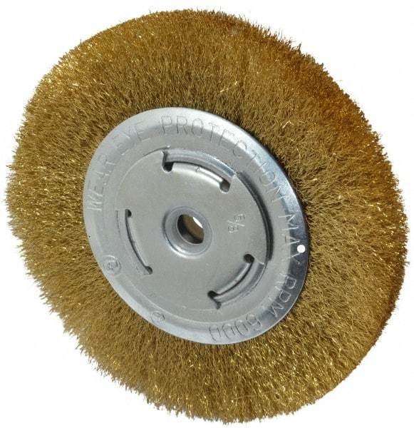 Value Collection - 6" OD, 5/8" Arbor Hole, Crimped Brass Wheel Brush - 1/2" Face Width, 1-1/8" Trim Length, 0.008" Filament Diam, 6,000 RPM - Strong Tooling