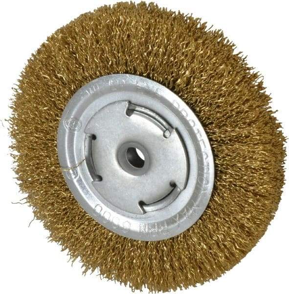 Value Collection - 6" OD, 5/8" Arbor Hole, Crimped Brass Wheel Brush - 1/2" Face Width, 1-1/8" Trim Length, 0.02" Filament Diam, 6,000 RPM - Strong Tooling