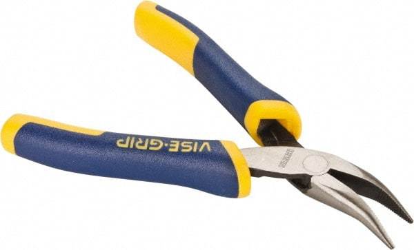 Irwin - 5" OAL, 1-1/8" Jaw Length x 1/4" Jaw Width, Long Nose Side Cutting Bent Nose Pliers - Serrated Jaw, Standard Head, ProTouch Handles, with Spring - Strong Tooling