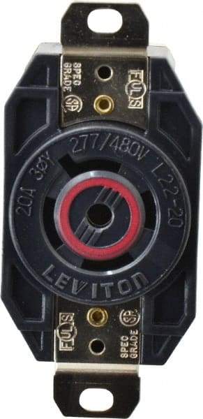 Leviton - 277/480 VAC, 20 Amp, L22-20R NEMA, Self Grounding Receptacle - 4 Poles, 5 Wire, Female End, Black - Strong Tooling