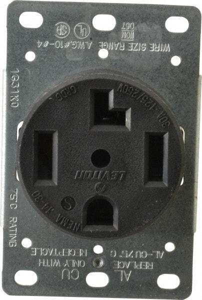 Leviton - 125/250 VAC, 30 Amp, 14-30R NEMA Configuration, Black, Industrial Grade, Self Grounding Single Receptacle - 1 Phase, 3 Poles, 4 Wire, Flush Mount, Corrosion Resistant - Strong Tooling