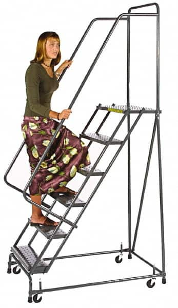 Ballymore - 83" 5 Step Ladder - Spring Loaded Rolling Safety Ladder, 450 Lb Capacity, 47-1/2" Platform Height, 30" Base Width x 42" Depth, Abrasive Mat Tread - Strong Tooling