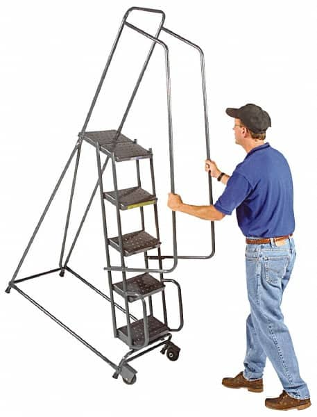 Ballymore - 78" 5 Step Ladder - Tilt & Roll Safety Ladder, 450 Lb Capacity, 47-19/32" Platform Height, 30" Base Width x 42" Base Depth, Abrasive Mat Tread - Strong Tooling