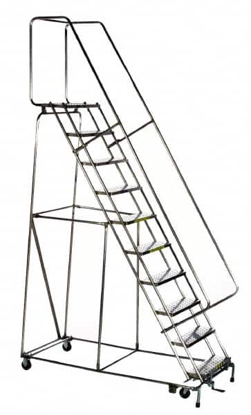 Ballymore - 133" 10 Step Ladder - Rolling Safety Ladder, 450 Lb Capacity, 100" Platform Height, 32" Base Width x 74" Depth, Heavy-Duty Serrated Grating - Strong Tooling