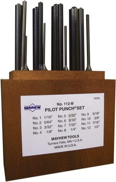 Mayhew - 12 Piece, 1/16 to 1/2", Roll Pin Punch Set - Round Shank, Alloy Steel, Comes in Wood Box - Strong Tooling