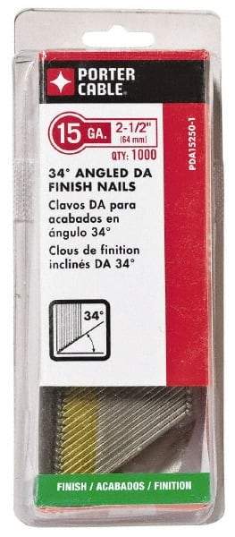 Porter-Cable - 15 Gauge 2-1/2" Long Finishing Nails for Power Nailers - Grade 2 Steel, Bright Finish, Angled Stick Collation, Chisel Point - Strong Tooling