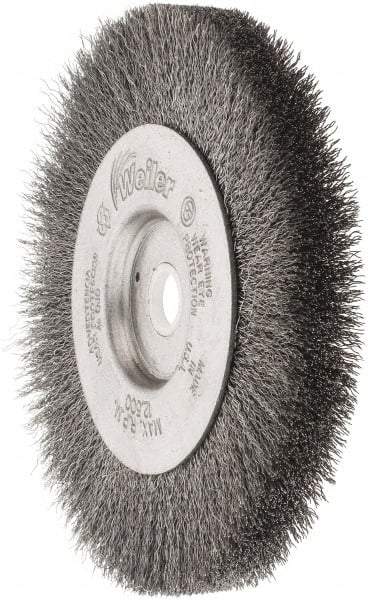 Weiler - 4" OD, 1/2" Arbor Hole, Crimped Steel Wheel Brush - 1/2" Face Width, 7/8" Trim Length, 0.006" Filament Diam, 12,500 RPM - Strong Tooling