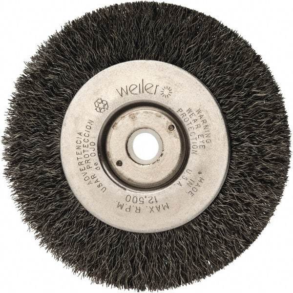 Weiler - 4" OD, 1/2" Arbor Hole, Crimped Steel Wheel Brush - 1/2" Face Width, 7/8" Trim Length, 0.008" Filament Diam, 12,500 RPM - Strong Tooling