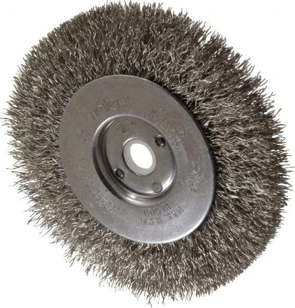 Weiler - 4" OD, 1/2" Arbor Hole, Crimped Stainless Steel Wheel Brush - 1/2" Face Width, 7/8" Trim Length, 0.0118" Filament Diam, 12,500 RPM - Strong Tooling