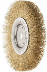 Weiler - 6" OD, 5/8" Arbor Hole, Crimped Brass Wheel Brush - 1/2" Face Width, 1-1/16" Trim Length, 0.0118" Filament Diam, 6,000 RPM - Strong Tooling