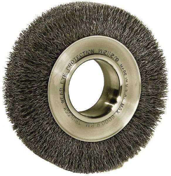 Weiler - 6" OD, 2" Arbor Hole, Crimped Steel Wheel Brush - 1-1/4" Face Width, 1-1/8" Trim Length, 0.006" Filament Diam, 6,000 RPM - Strong Tooling