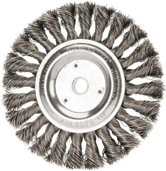 Weiler - 6" OD, 5/8" Arbor Hole, Knotted Steel Wheel Brush - 1/2" Face Width, 1-3/8" Trim Length, 0.016" Filament Diam, 9,000 RPM - Strong Tooling