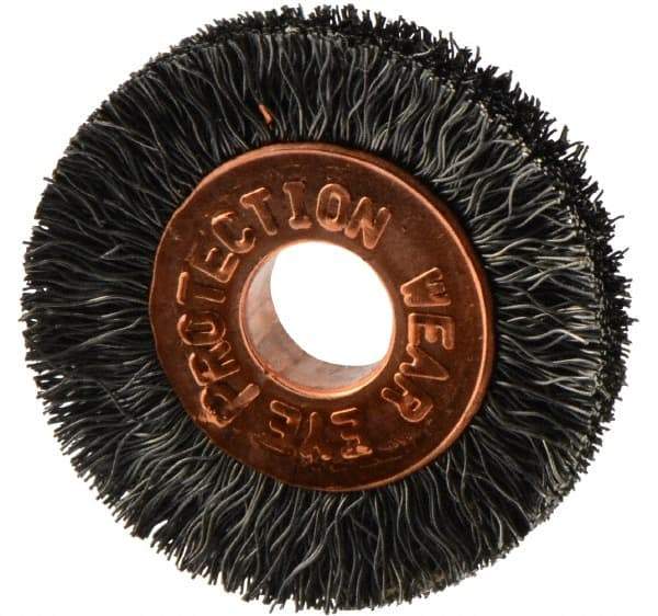 Weiler - 1" OD, 1/4" Arbor Hole, Crimped Steel Wheel Brush - 3/16" Face Width, 1/4" Trim Length, 0.006" Filament Diam, 20,000 RPM - Strong Tooling