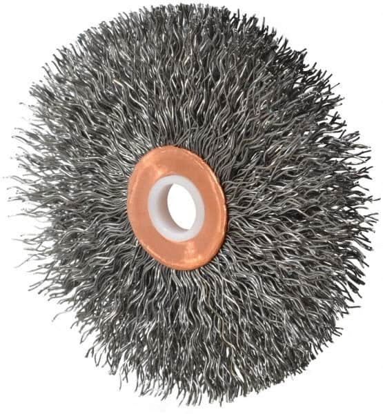 Weiler - 3" OD, 1/2" Arbor Hole, Crimped Steel Wheel Brush - 5/8" Face Width, 1" Trim Length, 0.014" Filament Diam, 20,000 RPM - Strong Tooling