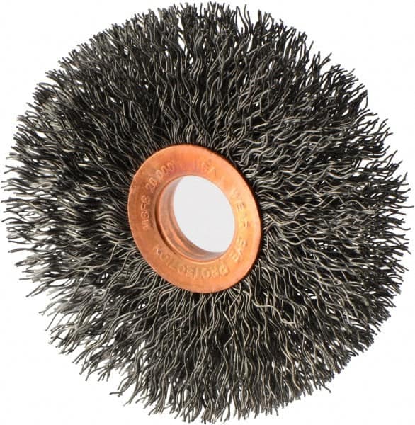 Weiler - 3" OD, 5/8" Arbor Hole, Crimped Steel Wheel Brush - 5/8" Face Width, 15/16" Trim Length, 0.014" Filament Diam, 20,000 RPM - Strong Tooling