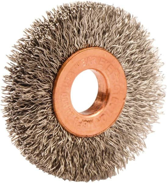 Weiler - 1-1/2" OD, 3/8" Arbor Hole, Crimped Stainless Steel Wheel Brush - 1/4" Face Width, 7/16" Trim Length, 0.008" Filament Diam, 20,000 RPM - Strong Tooling