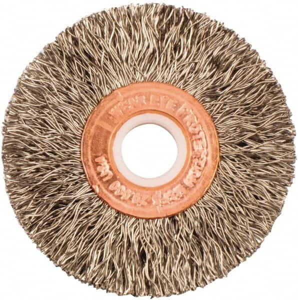 Weiler - 2" OD, 1/2" Arbor Hole, Crimped Stainless Steel Wheel Brush - 3/8" Face Width, 1/2" Trim Length, 0.0118" Filament Diam, 20,000 RPM - Strong Tooling