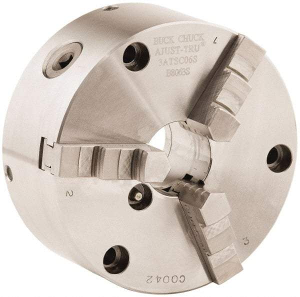 Buck Chuck Company - 3 Jaws, 6" Diam, Self Centering Manual Lathe Chuck - Front Mount, Adjustable, 4,600 Max RPM, 1.78" Through Hole Diam, Forged Steel - Strong Tooling