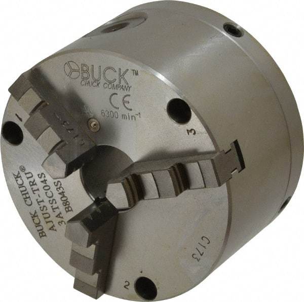 Buck Chuck Company - 3 Jaws, 4" Diam, Self Centering Manual Lathe Chuck - Front Mount, Adjustable, 6,300 Max RPM, 1.04" Through Hole Diam, Forged Steel - Strong Tooling