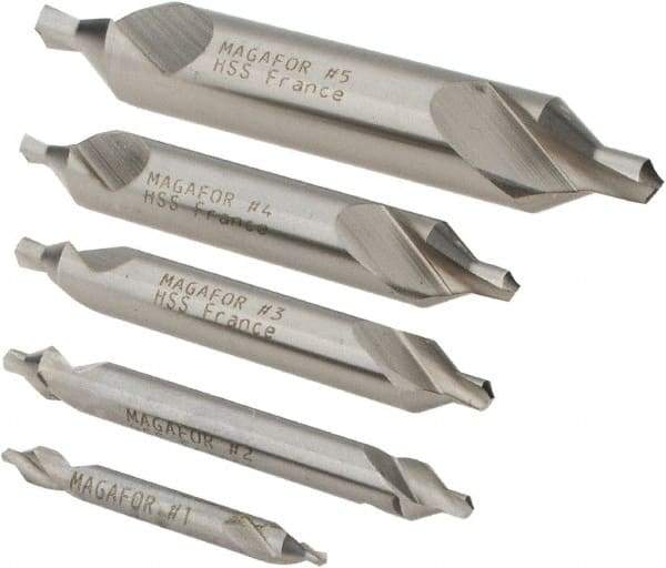 Magafor - 5 Piece, #1 to 5, 1/8 to 7/16" Body Diam, 3/64 to 3/16" Point Diam, Plain Edge, High Speed Steel Combo Drill & Countersink Set - 60° Incl Angle, 0.067 to 0.256" Point Length, 1/8 to 2-3/4" OAL, Double End, 115 Series Compatibility - Strong Tooling