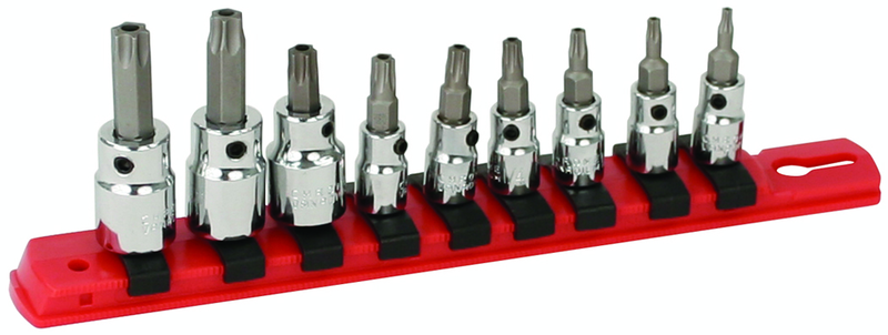 1/4" Drive: T10s; T15s; T20s; T27s; T30s and 3/8" T40s (1/4" Bit) and 3/8" T45s; T50s (5/16" Bit) on rail - Square Drive Replaceable Bit - Security Torx Bit Socket Set - Strong Tooling