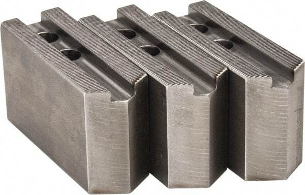 H & R Manufacturing - 1.5mm x 60° Serrated Attachment, Square Soft Lathe Chuck Jaw - 3 Jaws, Steel, 1" Btw Mount Hole Ctrs, 4-1/4" Long x 1-1/2" Wide x 2-1/2" High, 0.551" Groove, 12mm Fastener - Strong Tooling