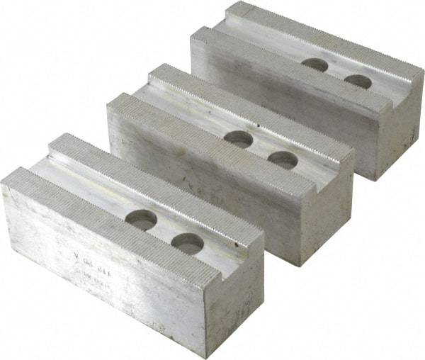 H & R Manufacturing - 1.5mm x 60° Serrated Attachment, Square Soft Lathe Chuck Jaw - 3 Jaws, Aluminum, 1.181" Btw Mount Hole Ctrs, 5-1/4" Long x 2" Wide x 2" High, 0.827" Groove, 16mm Fastener - Strong Tooling