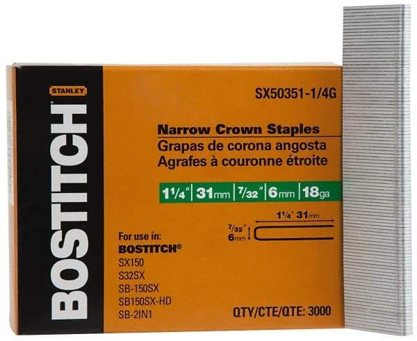 Stanley Bostitch - 1-1/4" Long x 7/32" Wide, 18 Gauge Crowned Construction Staple - Steel, Galvanized Finish - Strong Tooling