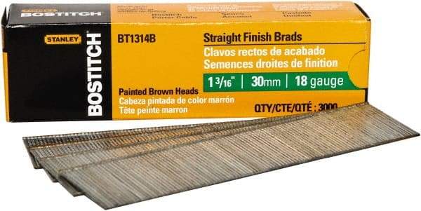 Stanley Bostitch - 18 Gauge 0.05" Shank Diam 1-3/16" Long Brad Nails for Power Nailers - Steel, Bright Finish, Ring Shank, Straight Stick Adhesive Collation, Brad Head, Chisel Point - Strong Tooling