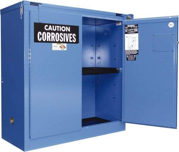 Securall Cabinets - 2 Door, 2 Shelf, Blue Steel Standard Safety Cabinet for Corrosive Chemicals - 67" High x 43" Wide x 18" Deep, Self Closing Door, 3 Point Key Lock, 45 Gal Capacity - Strong Tooling