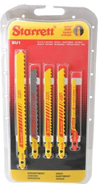 Starrett - 5 Piece, 3" to 5" Long, 6 to 14 Teeth per Inch, Bi-Metal Jig Saw Blade Set - Toothed Edge, 3/16" to 3/8" Wide, 0.04" to 0.05" Thick, U-Shank - Strong Tooling