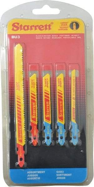 Starrett - 5 Piece, 3" to 5" Long, 10-14 to 32 Teeth per Inch, Bi-Metal Jig Saw Blade Set - Toothed Edge, 3/16" to 3/8" Wide, 0.04" to 0.04" Thick, U-Shank - Strong Tooling