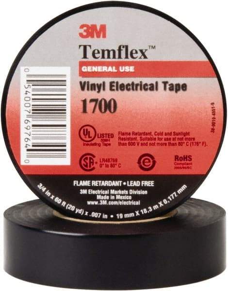 3M - 1" x 66', Black Vinyl Electrical Tape - Series 1700, 7 mil Thick, Over 1000 V/mil Dielectric Strength, 17 Lb./Inch Tensile Strength - Strong Tooling