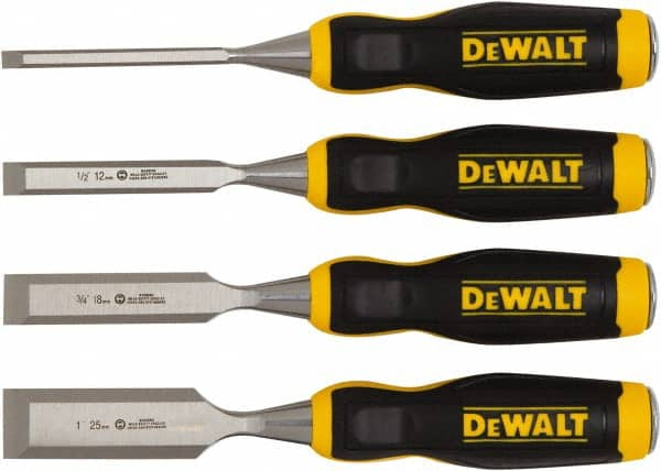 DeWALT - 4 Piece Wood Chisel Set - 11-29/32" OAL, High-impact Polypropylene & Rubber, Sizes Included 1/4 to 1" - Strong Tooling