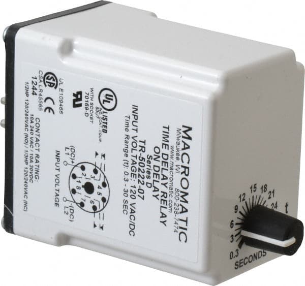 Macromatic - 8 Pin, Multiple Range DPDT Time Delay Relay - 10 Contact Amp, 120 VAC/VDC, Knob - Strong Tooling